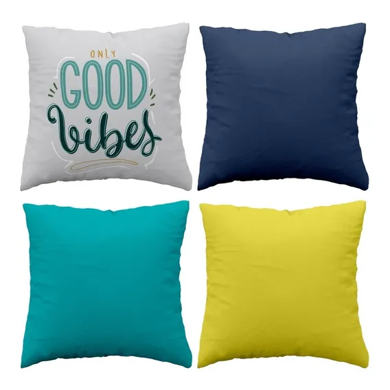 Kit 4 Capa Almofada 45x45 C/ Zíper Estampada Frente E Verso Good Vibes 4 Foto 1