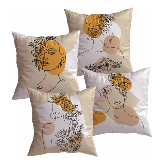 Kit 4 Capa Almofada Decorativa Silhueta Linha Mulher Floral Foto 1