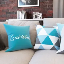 Kit 4 Capas Almofadas Azul E Cinza Geometricas Frases Gratidão Tamanho 40x40 | Confira Aqui! Almofadas Decorativas Foto mini  3