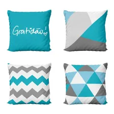 Kit 4 Capas Almofadas Azul E Cinza Geometricas Frases Gratidão Tamanho 40x40 | Confira Aqui! Almofadas Decorativas Foto  mini 1