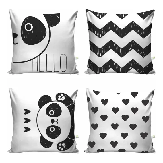 Kit 4 Capas De Almofadas Tecido Ursinho Panda Baby Cor Preto E Branco Foto 1
