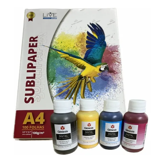 Kit 4 Cores Tinta Sublimática + 100 Folhas Papel A4 Live Tinta Preto Foto 1