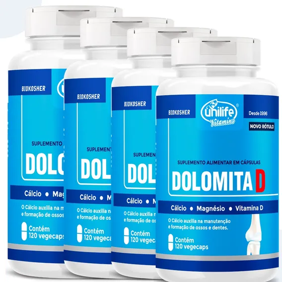 Kit 4 Dolomita D Cálcio Magnésio 950mg 120 Cáps Unilife Vit Sabor Natural Foto 1