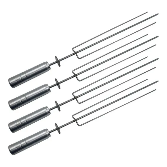 Kit 4 Espetos Tridente Inox P/ Churrasqueira Grill Girat贸rio Foto 1