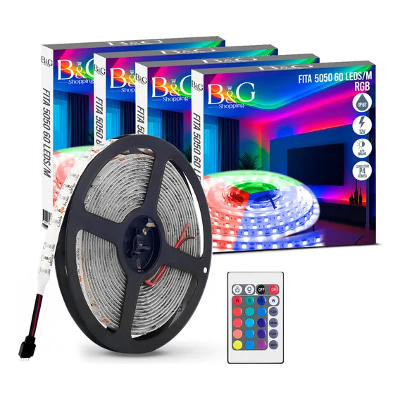 Kit 4 Luminárias Fita Led 5050 Rolo 5m 12v Ip67 Cor Da Luz Rgb Iluminação Foto 1