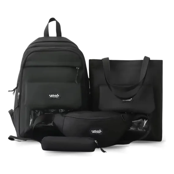 Kit 4 Mochila Grande, Bolsa, Pochete E Estojo Passeio Escola Cor Preto Foto 1