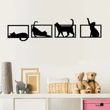 Kit 4 Quadros Gatos Brincando Decorativo Mdf Vazado Preto Foto mini  3