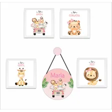 Kit 4 Safari Menina Quadro + Guirlanda Nome Personalizado Cor Rosa-claro Foto mini 1
