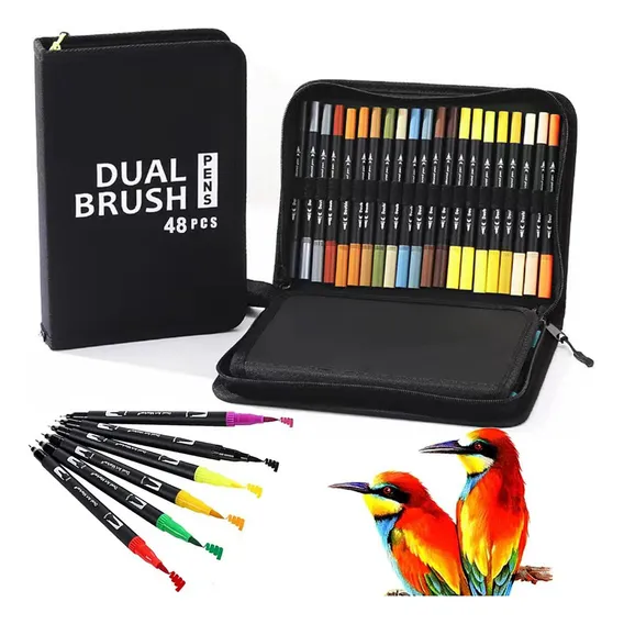 Kit 48 Canetas Coloridas Brush Pincel Fina Dupla Ponta Escolar Profissional Arte Marcadores Foto 1
