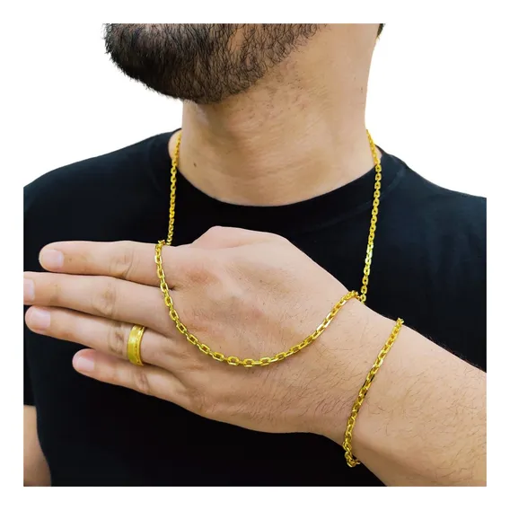 Kit 4mm Cordão Mais Pulseira Premium 100% Moeda Antiga Cor Dourado Foto 1