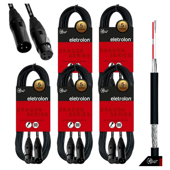Kit 5 Cabo De Microfone Balanceado Xlr Macho X Xlr Femea 5m Foto 1