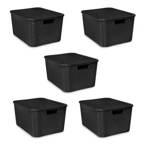 Kit 5 Caixas Organizadoras Rattan Preto Com Tampa 7 Litros Foto 1