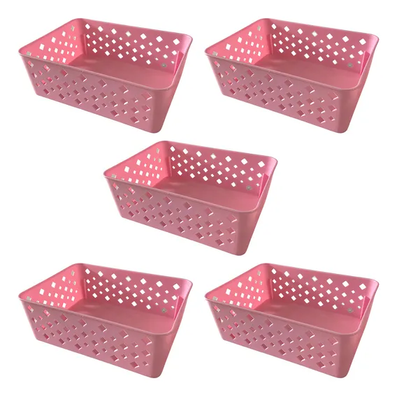 Kit 5 Cestos Organizador Multiuso Empilhável Gaveta 19x14x6 Cor Rosa Foto 1