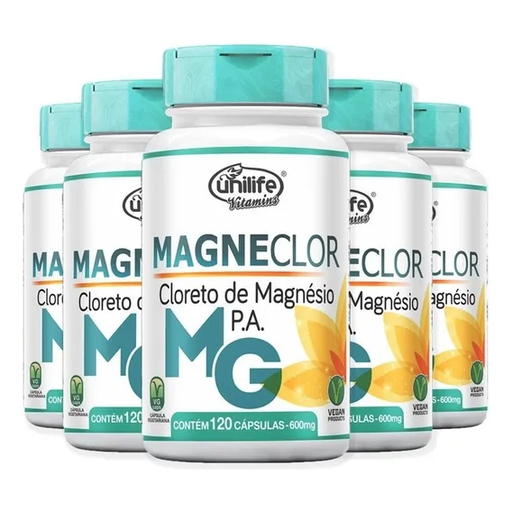 Kit 5 Cloreto De Magnésio P.a Magneclor Unilife 120 Cápsulas Sabor Sem Sabor Foto 1