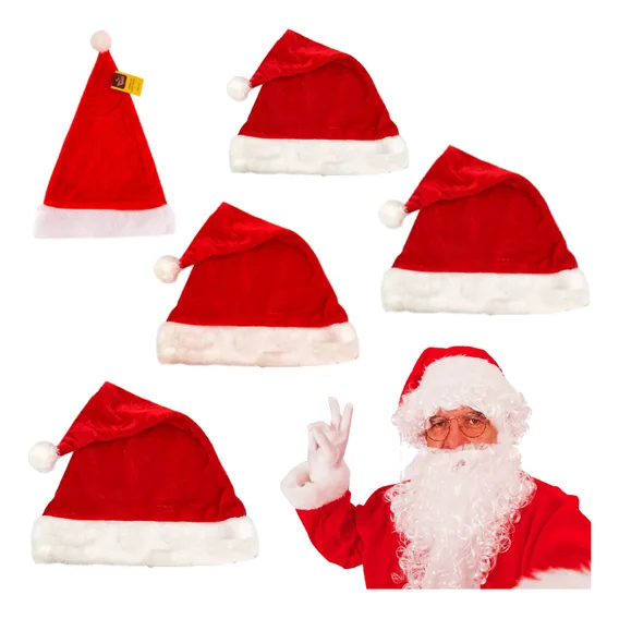 Kit 5 Gorros Papai Noel Em Veludo PelĂșcia Touca Super Luxo Geral Foto 1