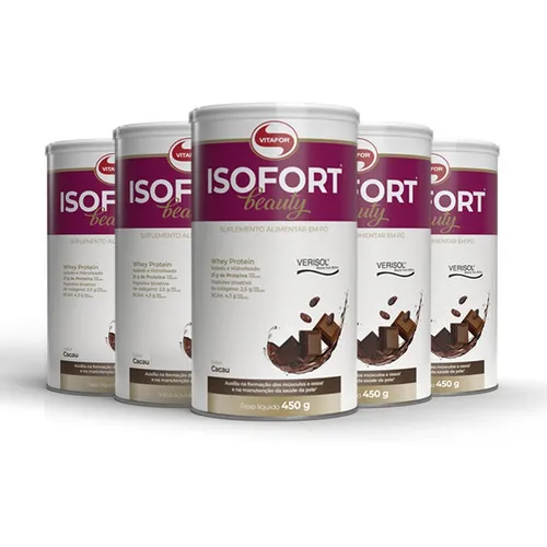 Kit 5 Isofort Beauty Whey Protein Isolado 450g Cacau Vitafor Foto 1