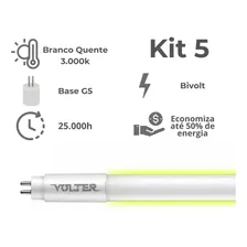 Kit 5 Lâmpada Led Tubular Volter 18w T5 115cm G5 Bivolt Branco Quente 3000k 1900lm Foto  mini 1