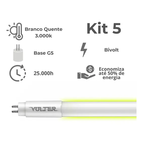 Kit 5 Lâmpada Led Tubular Volter 18w T5 115cm G5 Bivolt Branco Quente 3000k 1900lm Foto 1
