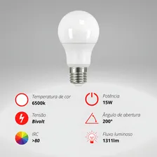 Kit 5 Lâmpadas Led Bulbo 15w Bivolt Branco Frio 6500k E27 Foto mini 3