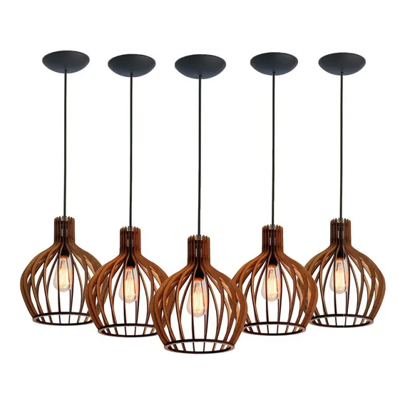 Kit 5 Luminária Lustre Pendente Madeira Redondo Munique 30cm Estrutura Rústico Foto 1