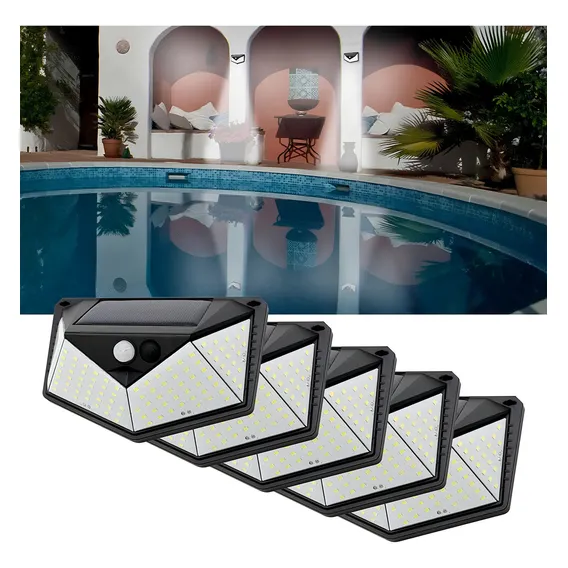 Kit 5 Luminária Parede Solar 100 Leds Luz Balizador Jardim Cor Preto Foto 1
