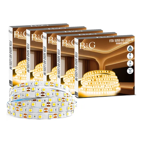 Kit 5 Luminárias Fita Led 5050 Rolo 5m 12v Ip20 Branco Quente 3500k Iluminação Foto 1