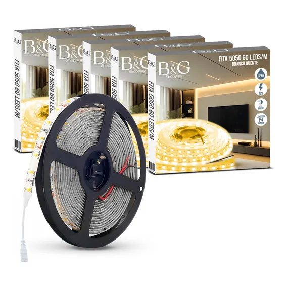 Kit 5 Luminárias Fita Super Led 5050 5m 12v Ip65 Branco Quente 3500k Decoração Foto 1