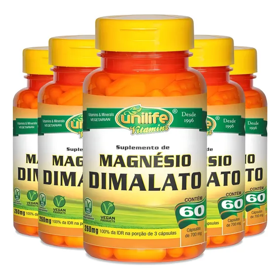 Kit 5 Magnésio Dimalato 60 Cápsulas Unilife Sabor Neutro Foto 1