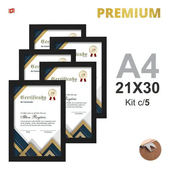 Kit 5 Molduras Quadros A4 Certificados Vidro 21x30cm 24hr Cor Preto Foto 1
