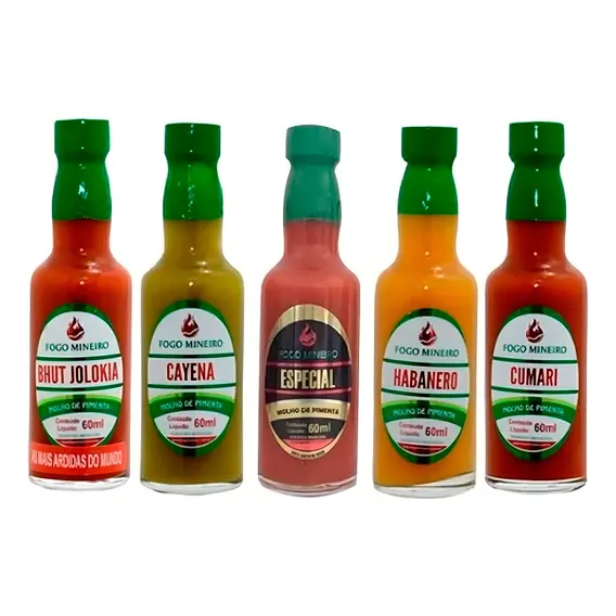 Kit 5 Molho Pimenta 60ml Bhut Jolokia Cayena Habanero Cumari Foto 1