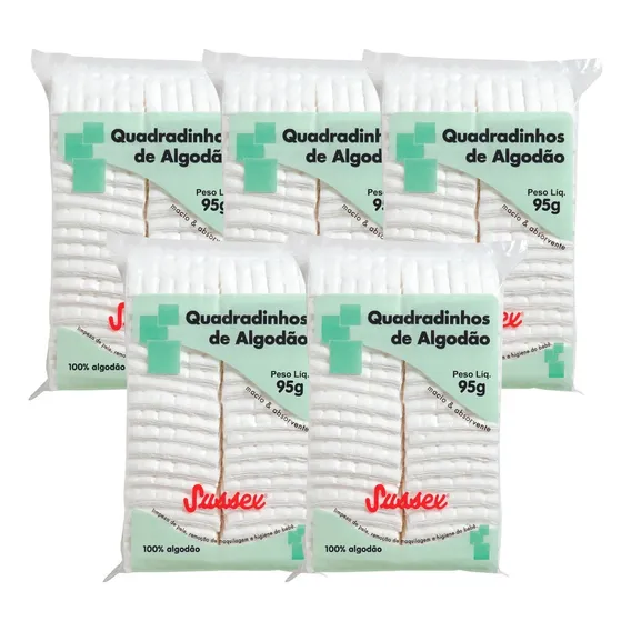 Kit 5 Pacotes Algodão Hidrófilo Quadrado 95g - Sussex Foto 1
