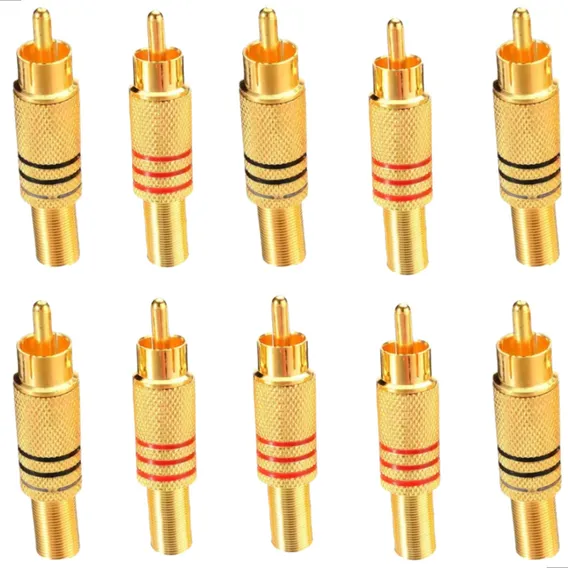 Kit 5 Pares Plug Conector Rca Dourado Macho Metalico Preto Vermelho Foto 1