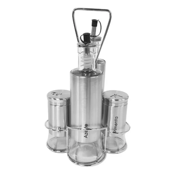 Kit 5 Peças Galheteiro 300ml Azeite Vinagre Saleiro Inox Foto 1