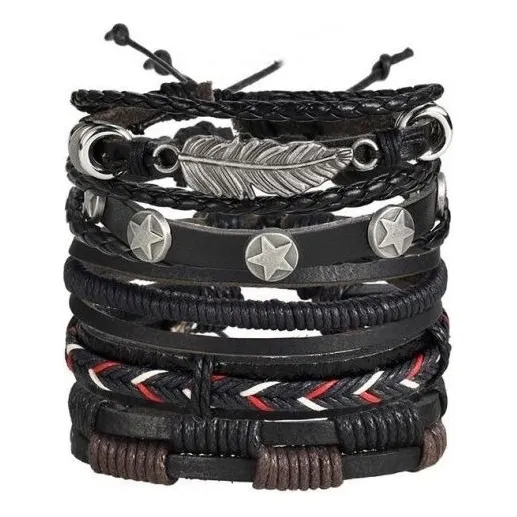 Kit 5 Peças Pulseira Bracelete Unissex Couro Especial Foto 1