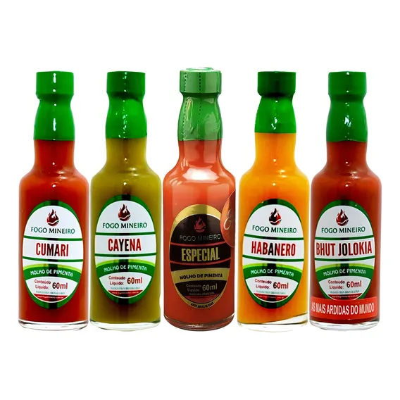 Kit 5 Pimenta Molho 60ml Cayena Cumari Habanero Bhut Malague Foto 1