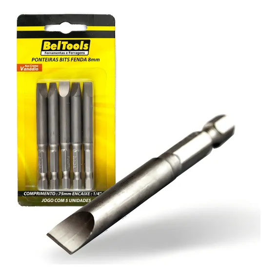 Kit 5 Ponta Bit Fenda Cv 75mm X 1/4 X 8,0mm Beltools Foto 1
