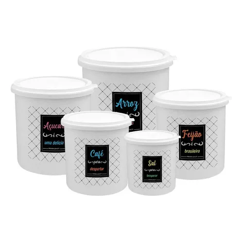 Kit 5 Potes De Mantimentos Plástico Decorado Cor Conjunto Kit 5 Branco Color Foto 1