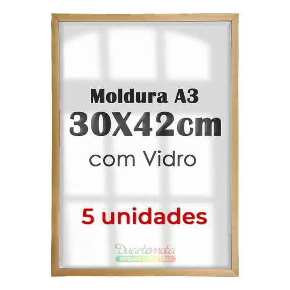 Kit 5 Quadro Moldura A3 30x42 Com Vidro Poster Retrato Foto Cor Dourada Foto 1
