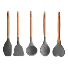 Kit 5 UtensĂlios Colher Concha Espátula Bambu Silicone Foto mini 1