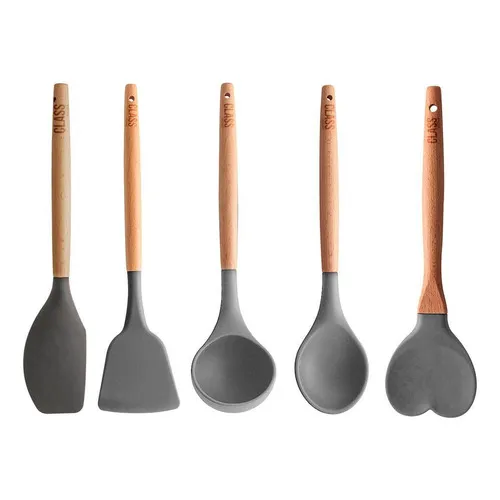 Kit 5 UtensĂlios Colher Concha Espátula Bambu Silicone Foto 1