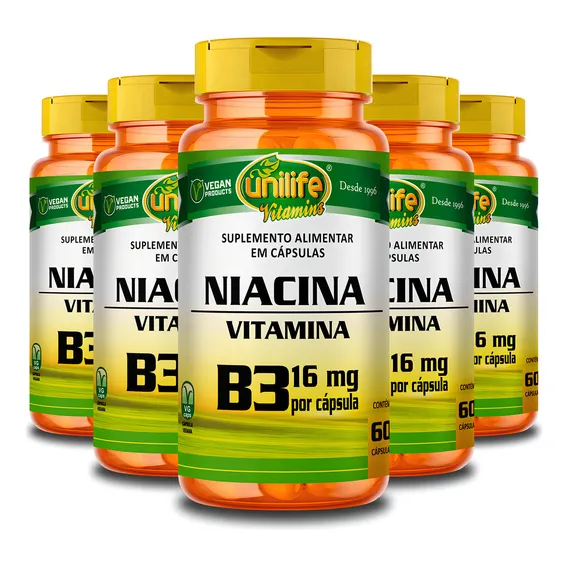Kit 5 Vitamina B3 Niacina 60 Cápsulas Unilife Sabor Sem Saber Foto 1