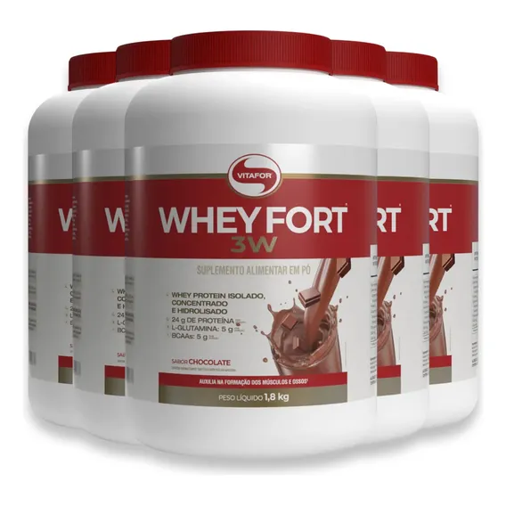 Kit 5 Whey Fort 3w Vitafor Chocolate 1800g Foto 1