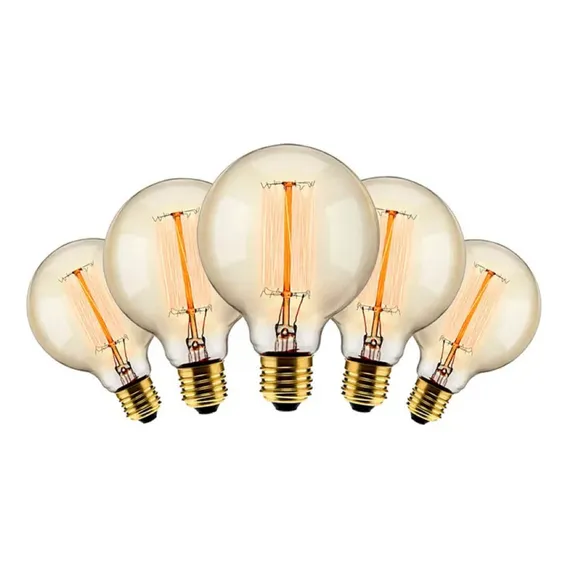 Kit 5 X Lâmpada Filamento De Carbono 220v 40w E27 G95 Retrô Foto 1