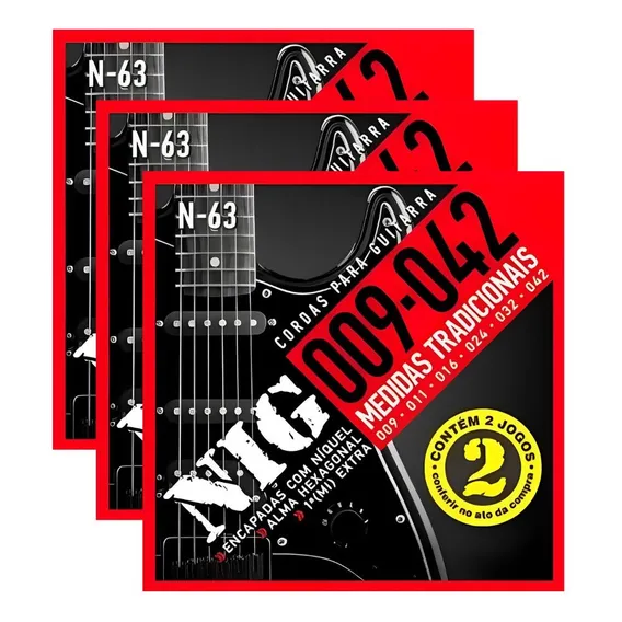 Kit 6 Encordoamentos Guitarra Nig N-63 Tensão Alta 009 - 042 Foto 1
