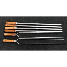 Kit 6 Espetos Alumínio Churrasqueira Churrasco 85Cm Madeira Foto mini  2