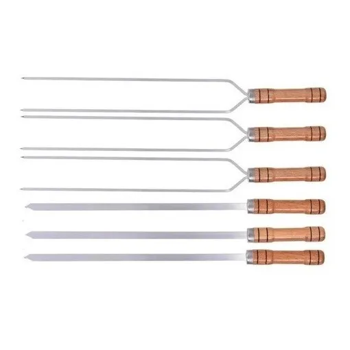 Kit 6 Espetos Alumínio Churrasqueira Churrasco 85Cm Madeira Foto 1