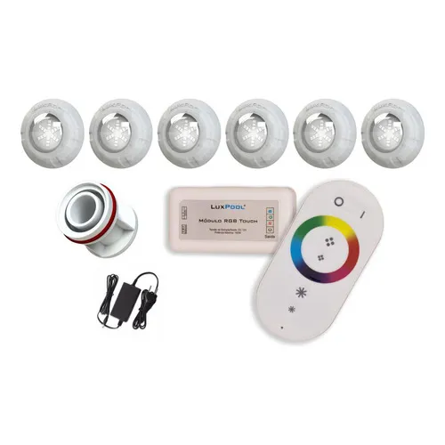 Kit 6 Led Rgb 9w Piscina + Controle + Fonte + Adaptador 50mm Foto 1
