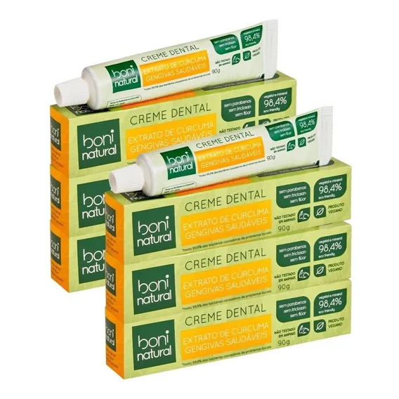 Kit 6 Pasta De Dente Cúrcuma E Hortelã Sem Flúor Vegano 80g Boni Natural Foto 1