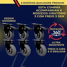 Kit 6 Rodinhas 4 Polegada Reforçado Suporta Até 1200kg RodÃzio Giratório Com Freio E Sem Freio Rodas Cinza Atmas RodÃzios Foto mini 3