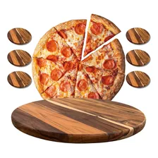 Kit 6 tábua madeira teca cortar e servir pizza 35 cm Foto  mini 1